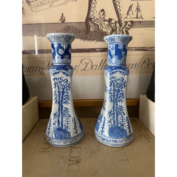 2 China Chinese Blue & White Porcelain Candlesticks Bamboo Prunus & Fungi pair - Picture 6 of 16